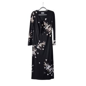 Vintage CDC Asian Floral Whimsigoth Dark Romantic Tie Neck Midi Dress, Size 10